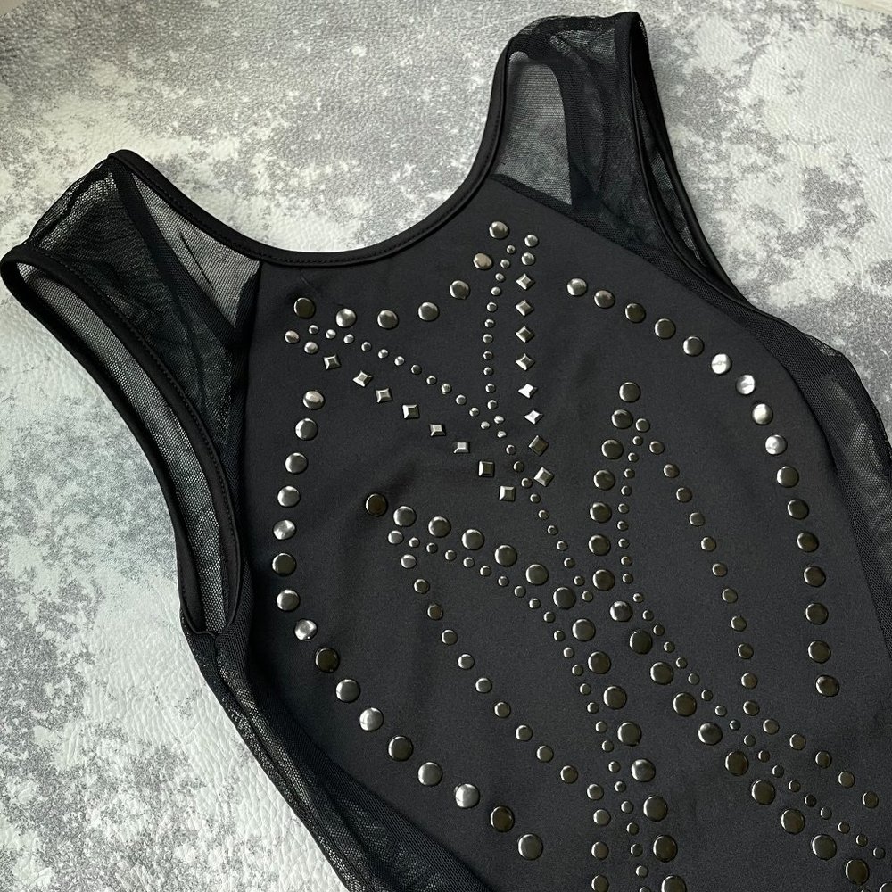 Black Mesh Bodycon Dress with Faux Rivets (XS)